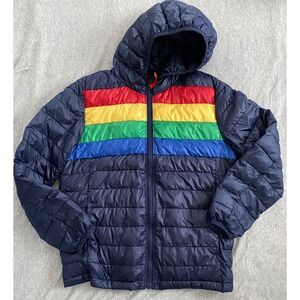 Primary Kids Navy Blue Rainbow Stripe Hooded Puffer Jacket Size 10 Zip Up Coat